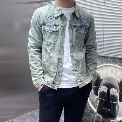 Chrome Hearts Embroidered Distressed Denim Jacket for Men Women