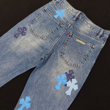Luxury Chrome Hearts Cross Detail Distressed Jeans High Street Unisex Streetwear Casual Pants