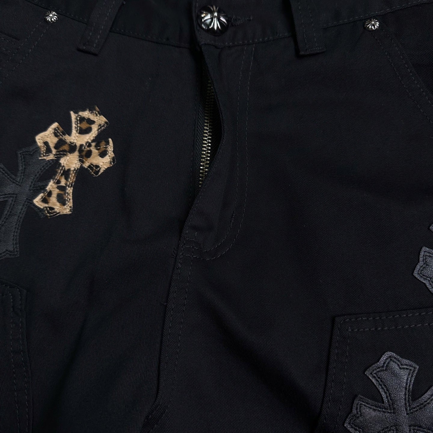 Workwear Black Leopard Cross Patchwork Loose Fit Couple Chrome Hearts Jeans