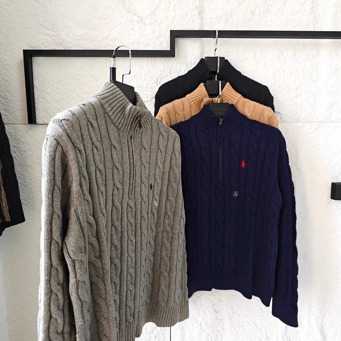 Ralph Lauren Pony Embroidered Logo Casual Solid Color Stand Collar Micro Logo Embroidered Half Zipper Long Sleeve Cable Knit Sweater