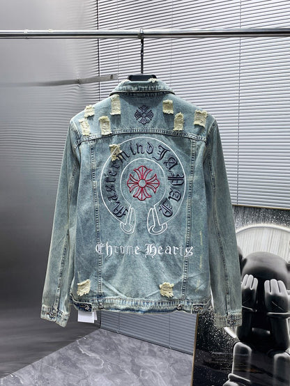 Chrome Hearts Embroidered Distressed Denim Jacket for Men Women