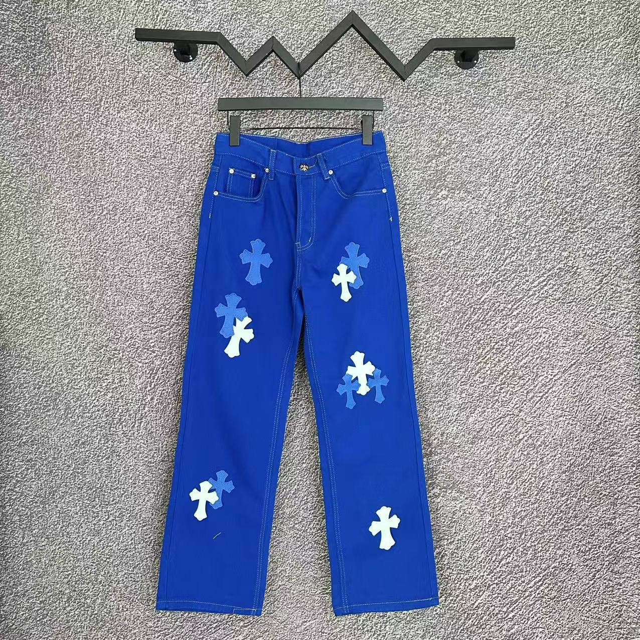 Chrome Hearts Cross Leather Patch Washed Denim Jeans Streetwear Loose Fit Couple Pants