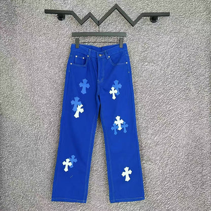 Chrome Hearts Cross Leather Patch Washed Denim Jeans Streetwear Loose Fit Couple Pants