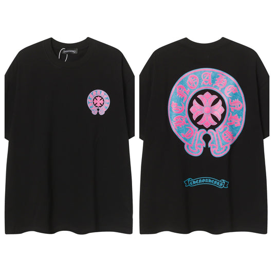 Chrome Hearts Cross Color Patch Print Vintage Washed Cotton Unisex Short Sleeve T-Shirt