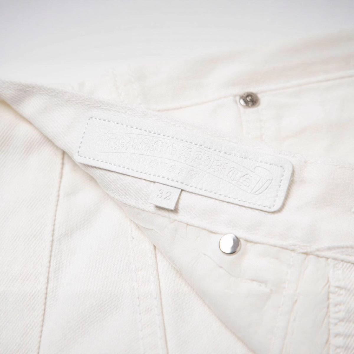 White Washed Jeans with Chrome Hearts Leather Cross Embroidery Couple Loose Fit Denim Fashion