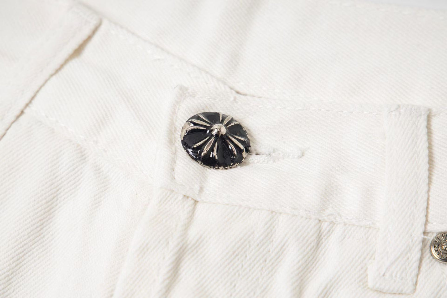 White Washed Jeans with Chrome Hearts Leather Cross Embroidery Couple Loose Fit Denim Fashion