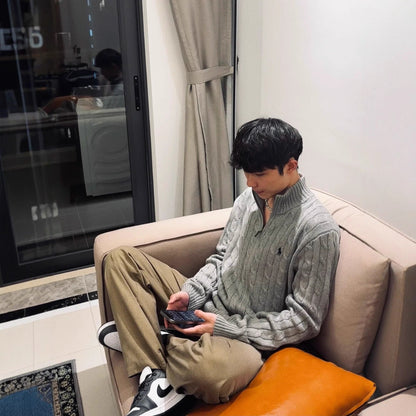 Ralph Lauren Pony Embroidered Logo Casual Solid Color Stand Collar Micro Logo Embroidered Half Zipper Long Sleeve Cable Knit Sweater