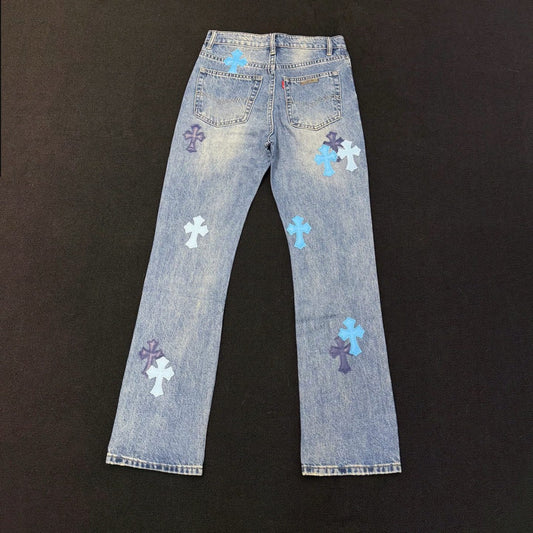 Luxury Chrome Hearts Cross Detail Distressed Jeans High Street Unisex Streetwear Casual Pants