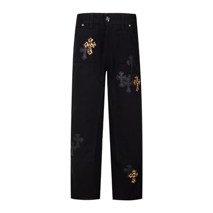 Workwear Black Leopard Cross Patchwork Loose Fit Couple Chrome Hearts Jeans