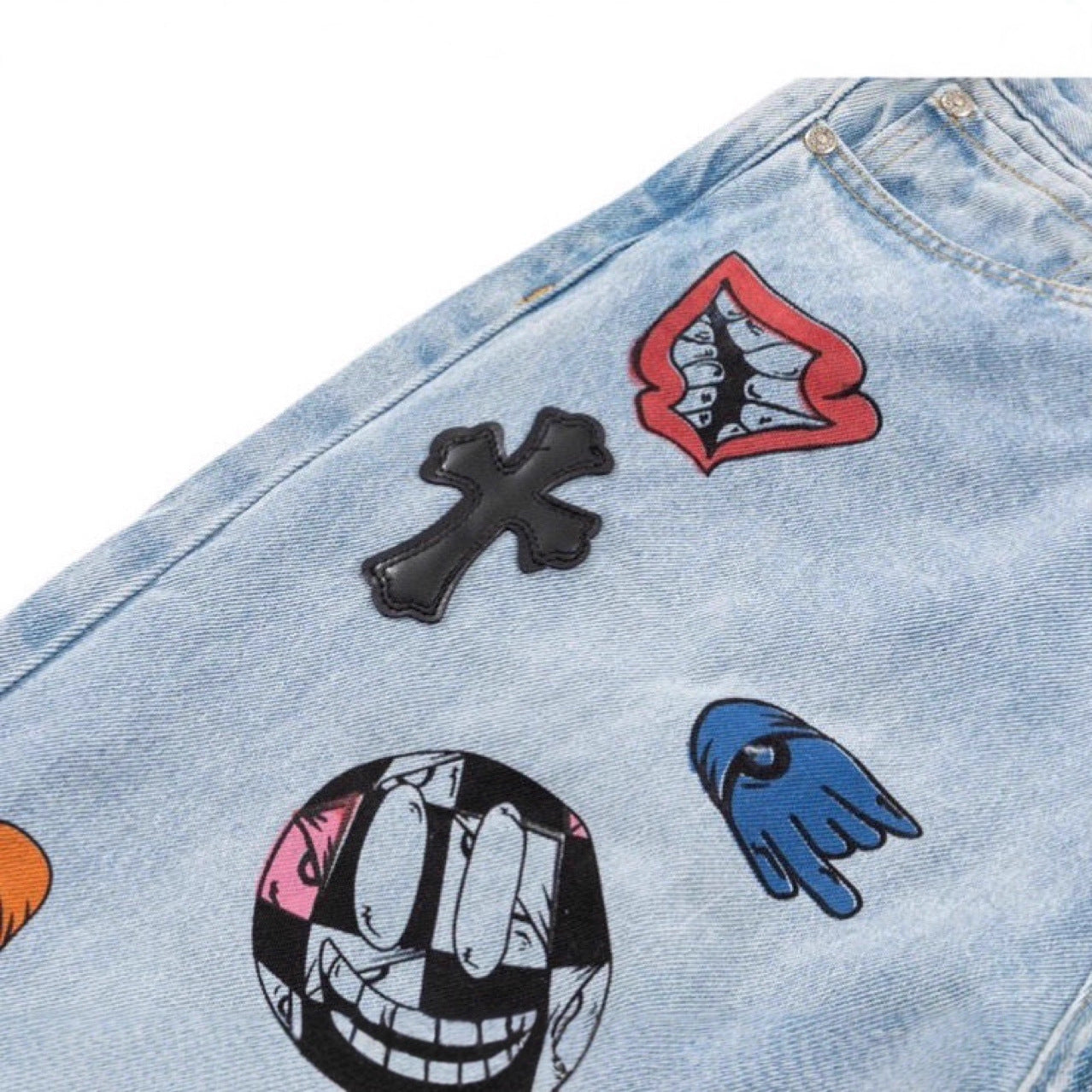 Vintage Washed Blue Jeans with CH Cross Leather Patch Embroidery Streetwear Couple Denim Pants