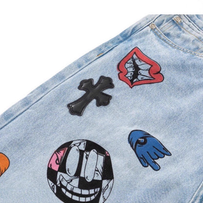 Vintage Washed Blue Jeans with CH Cross Leather Patch Embroidery Streetwear Couple Denim Pants