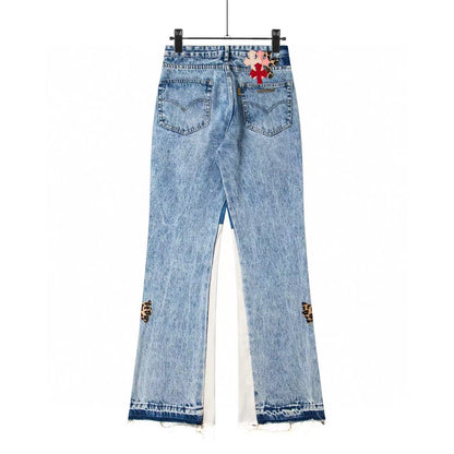 Chrome Heart High Quality Pink Leopard Patch Cross Flare Loose Fit Jeans for Men and Women