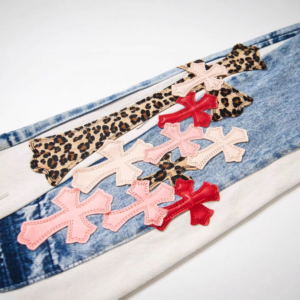 Chrome Heart High Quality Pink Leopard Patch Cross Flare Loose Fit Jeans for Men and Women