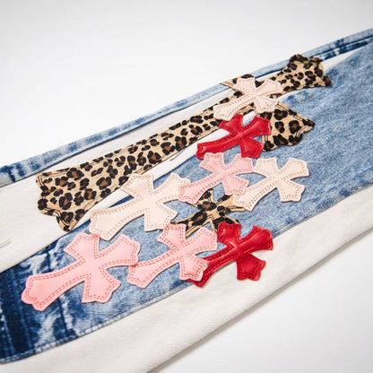 Chrome Heart High Quality Pink Leopard Patch Cross Flare Loose Fit Jeans for Men and Women