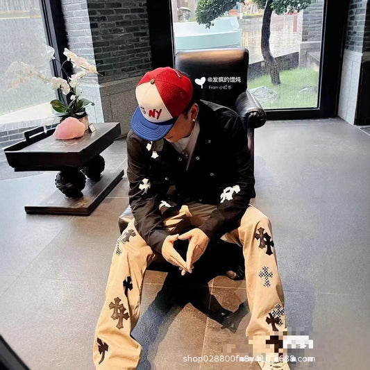 Edition Black White Zebra Stripe Cross Embroidery Straight Leg Vintage Washed Casual Jeans