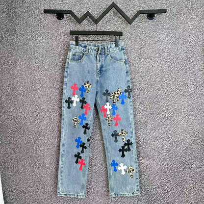 Cross Embroidered Distressed Denim Jeans Men Women Streetwear Loose Fit Vintage Washed Jeans Wholesale