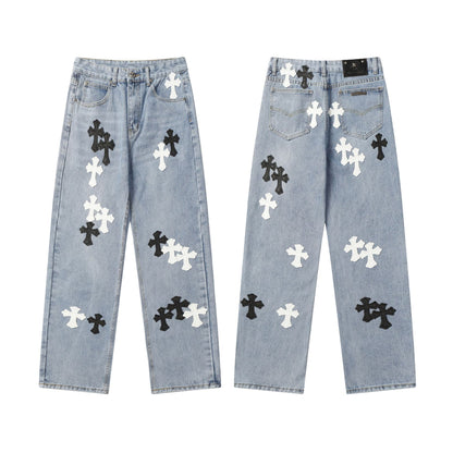 Vintage Cross CH Chrome Hearts Embroidered Washed Denim Jeans Unisex Loose Fit Street Fashion