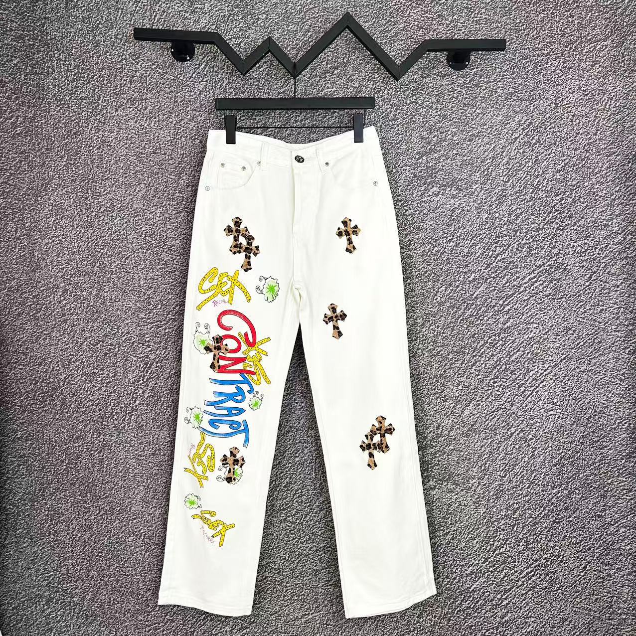 Chrome Hearts Cross Distressed Denim Jeans Couples Streetwear Loose Fit Trousers