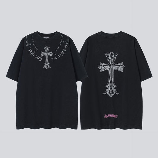 Chrome Hearts Summer New Vintage Washed Distressed Short Sleeve T Shirt Men Women Casual Tee