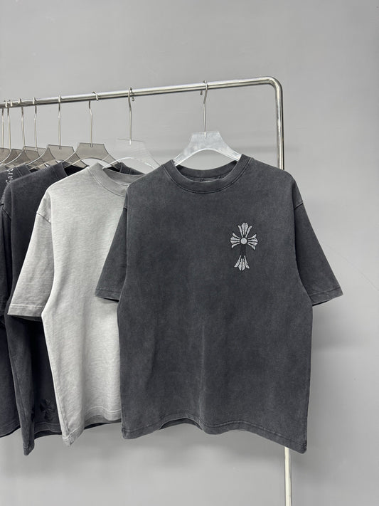 Chrome Hearts Vintage Washed Distressed Streetwear Short Sleeve T Shirt Unisex Summer Casual Tee