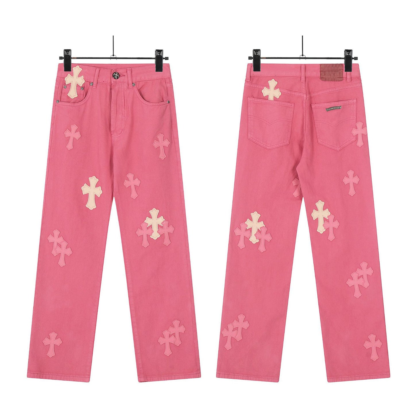 Chrome Hearts Cross Leather Patch Washed Denim Jeans Streetwear Loose Fit Couple Pants