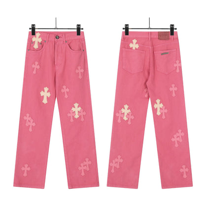 Chrome Hearts Cross Leather Patch Washed Denim Jeans Streetwear Loose Fit Couple Pants