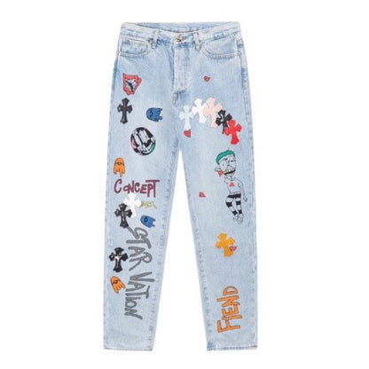 Vintage Washed Blue Jeans with CH Cross Leather Patch Embroidery Streetwear Couple Denim Pants