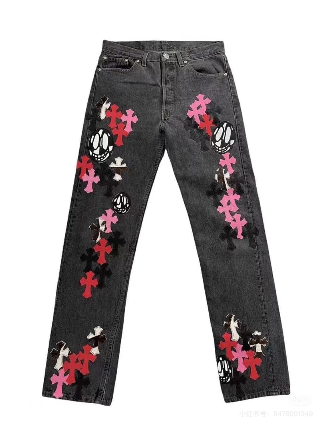 Vintage Chrome Hearts Cross Print Denim Jeans Loose Fit Couple Streetwear Washed Embroidered