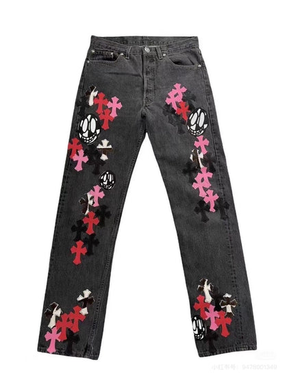 Vintage Chrome Hearts Cross Print Denim Jeans Loose Fit Couple Streetwear Washed Embroidered