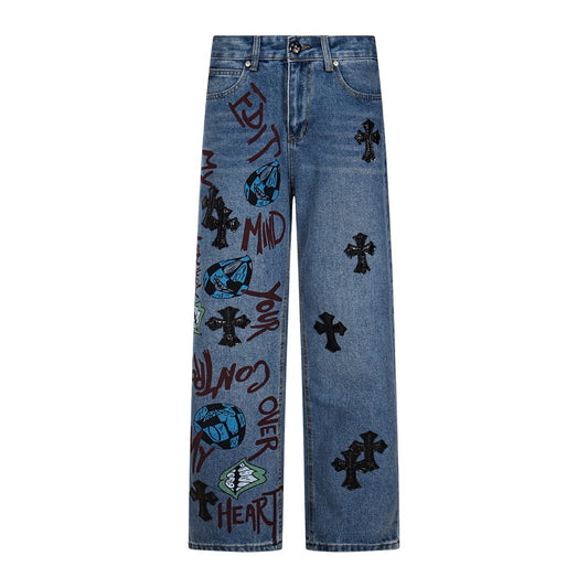 Vintage Chrome Hearts Cross Embroidered Denim Jeans Unisex Loose Fit