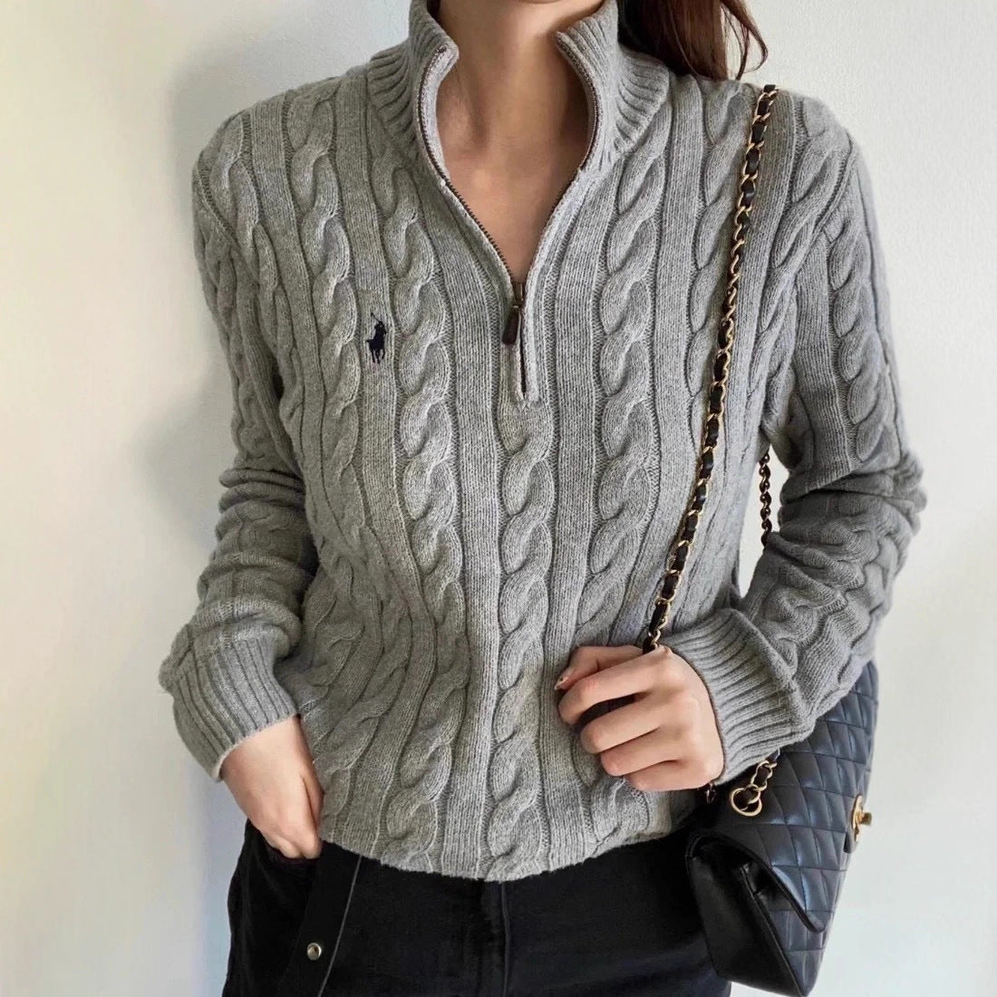 Ralph Lauren Pony Embroidered Logo Casual Solid Color Stand Collar Micro Logo Embroidered Half Zipper Long Sleeve Cable Knit Sweater