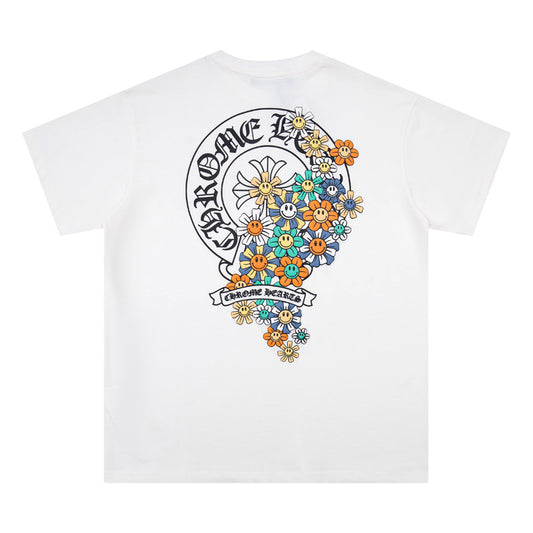 Vintage Washed Cotton Distressed Chrome Hearts Colorful Cross Print Short Sleeve T Shirt