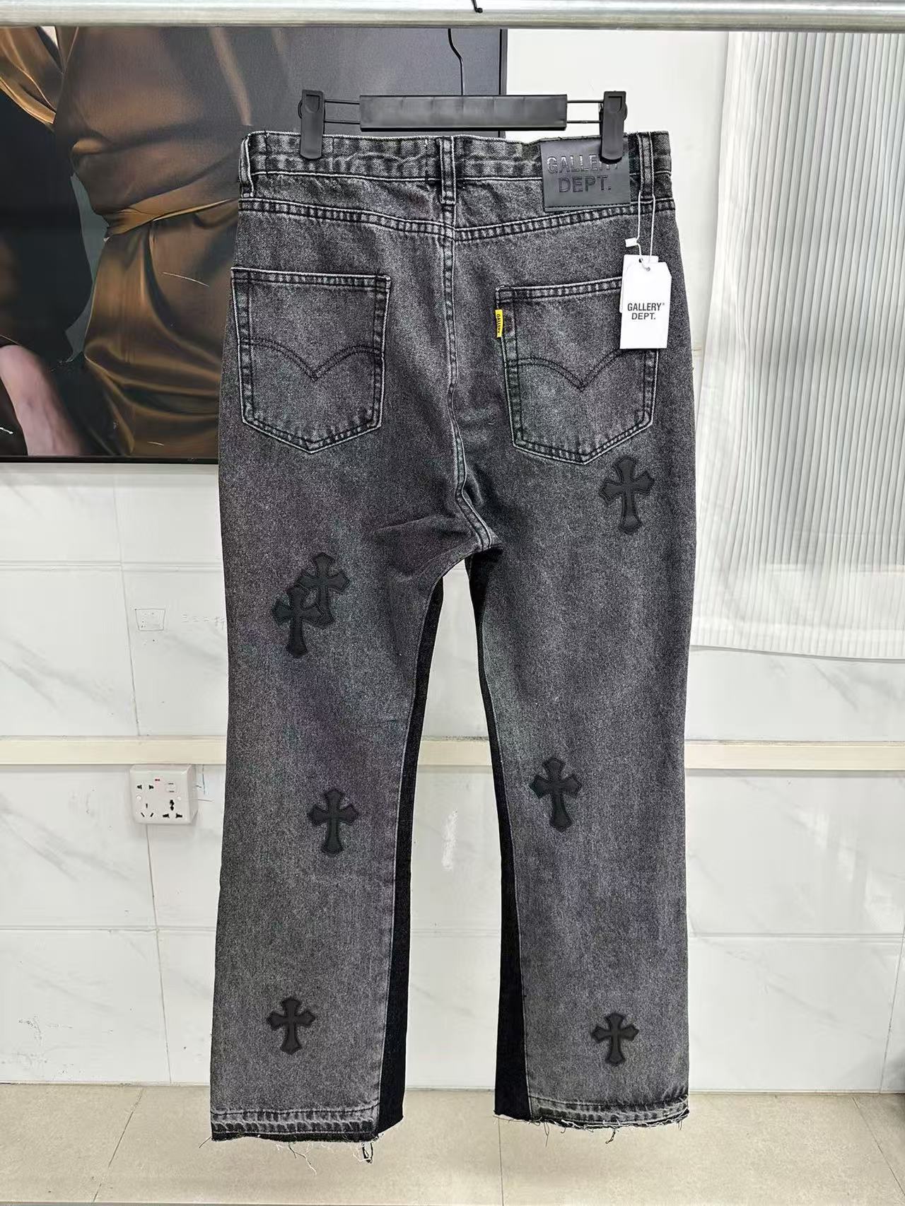 gallery DEPT premium leather cross flare jeans distressed wash patchwork high quality vintage style