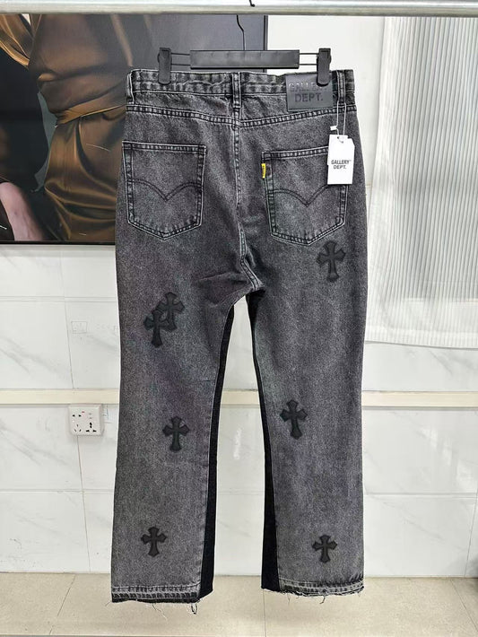 gallery DEPT premium leather cross flare jeans distressed wash patchwork high quality vintage style
