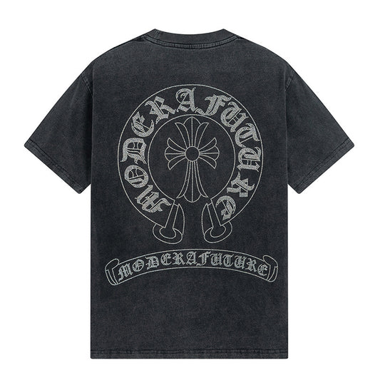 Chrome Hearts Short Sleeve Vintage Cotton Washed with Cross Scroll Horseshoe Diamond Design