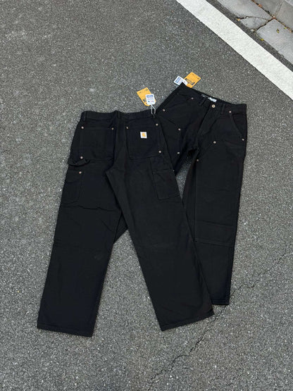 Carhartt Black Washed Double Knee Canvas Jeans with Metal Buckle Decor and Large Pockets Unisex Work Pants