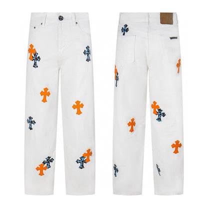 Chrome Hearts Cross Patchwork Distressed Jeans High Street Fashion for Men Women