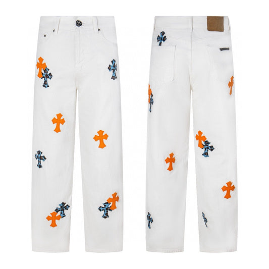 Chrome Hearts Cross Patchwork Distressed Jeans High Street Fashion for Men Women
