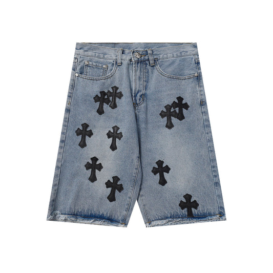New Chrome Hearts Patchwork Embroidered Denim Shorts Unisex 5 Inch Inseam Loose Fit