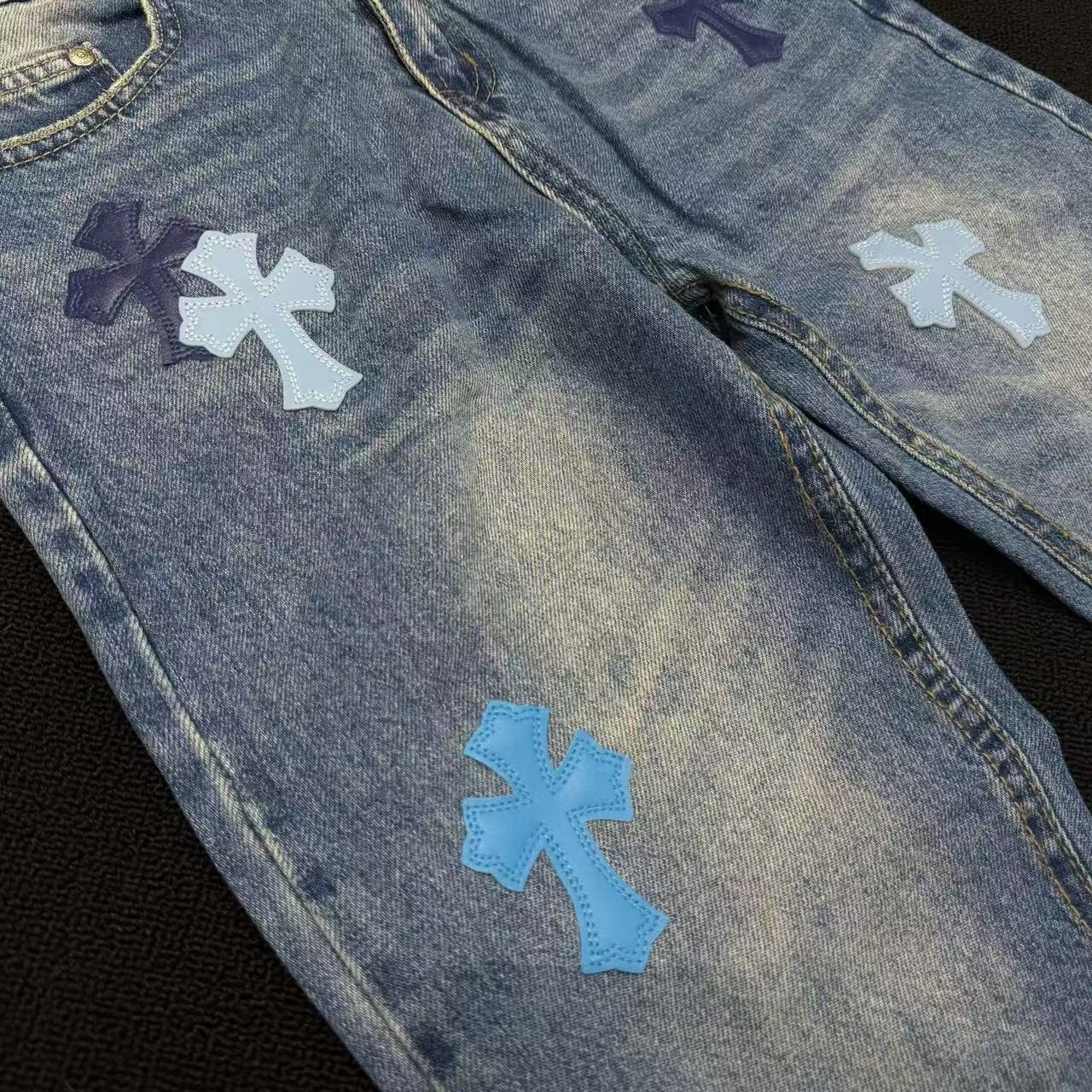 Luxury Chrome Hearts Cross Detail Distressed Jeans High Street Unisex Streetwear Casual Pants
