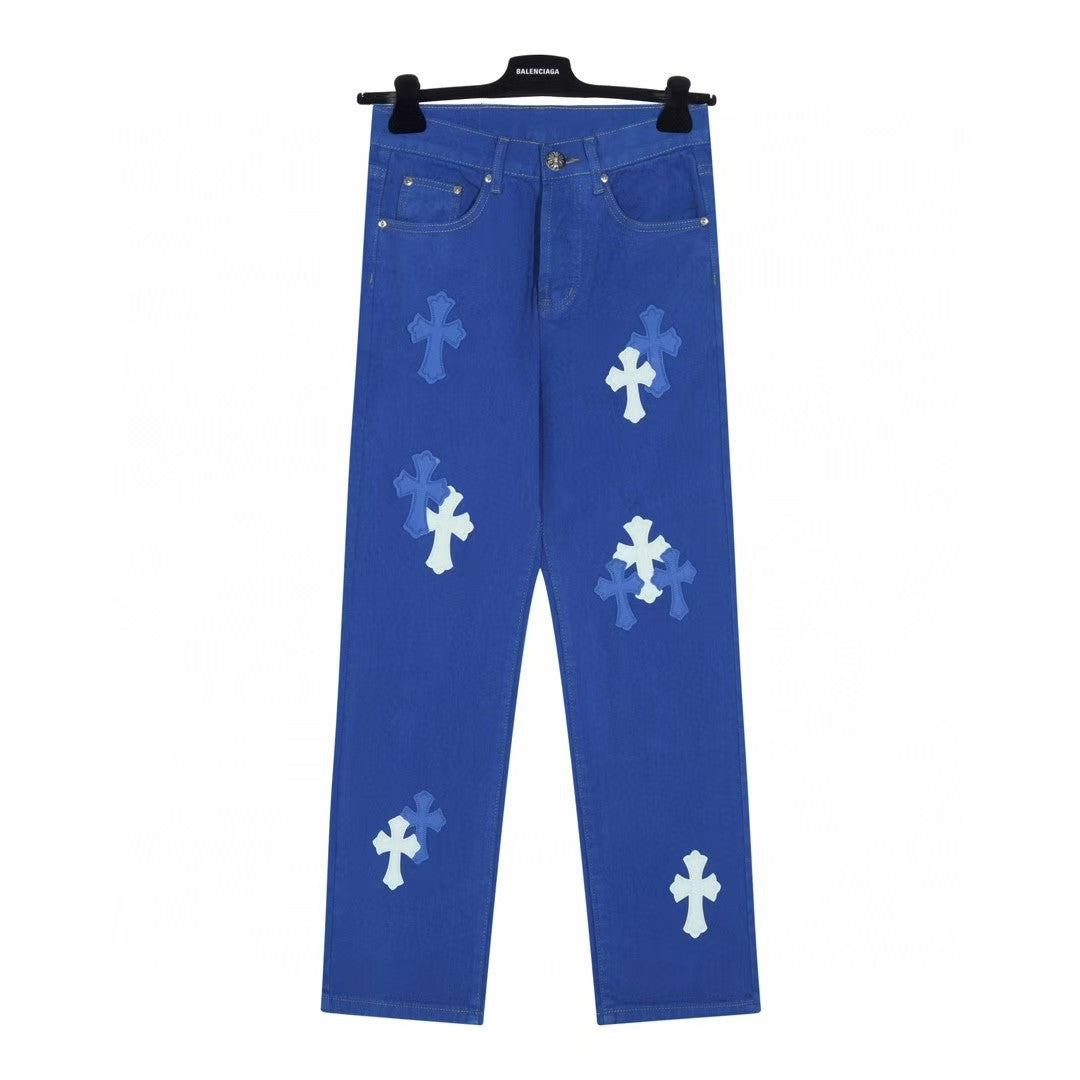 Chrome Hearts Cross Patch Embroidered Washed Denim Jeans Couple Loose Fit