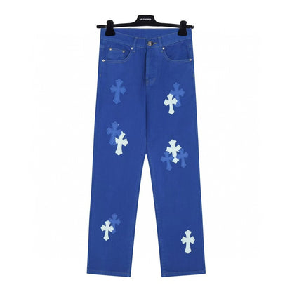 Chrome Hearts Cross Patch Embroidered Washed Denim Jeans Couple Loose Fit