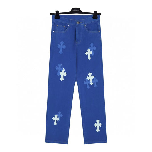 Chrome Hearts Cross Patch Embroidered Washed Denim Jeans Couple Loose Fit