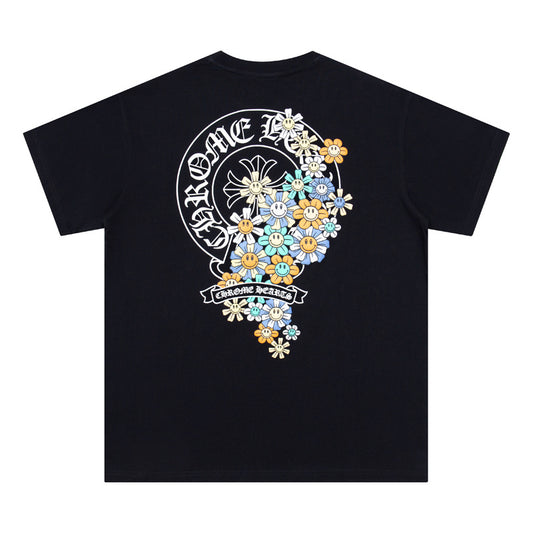 Vintage Washed Cotton Distressed Chrome Hearts Colorful Cross Print Short Sleeve T Shirt