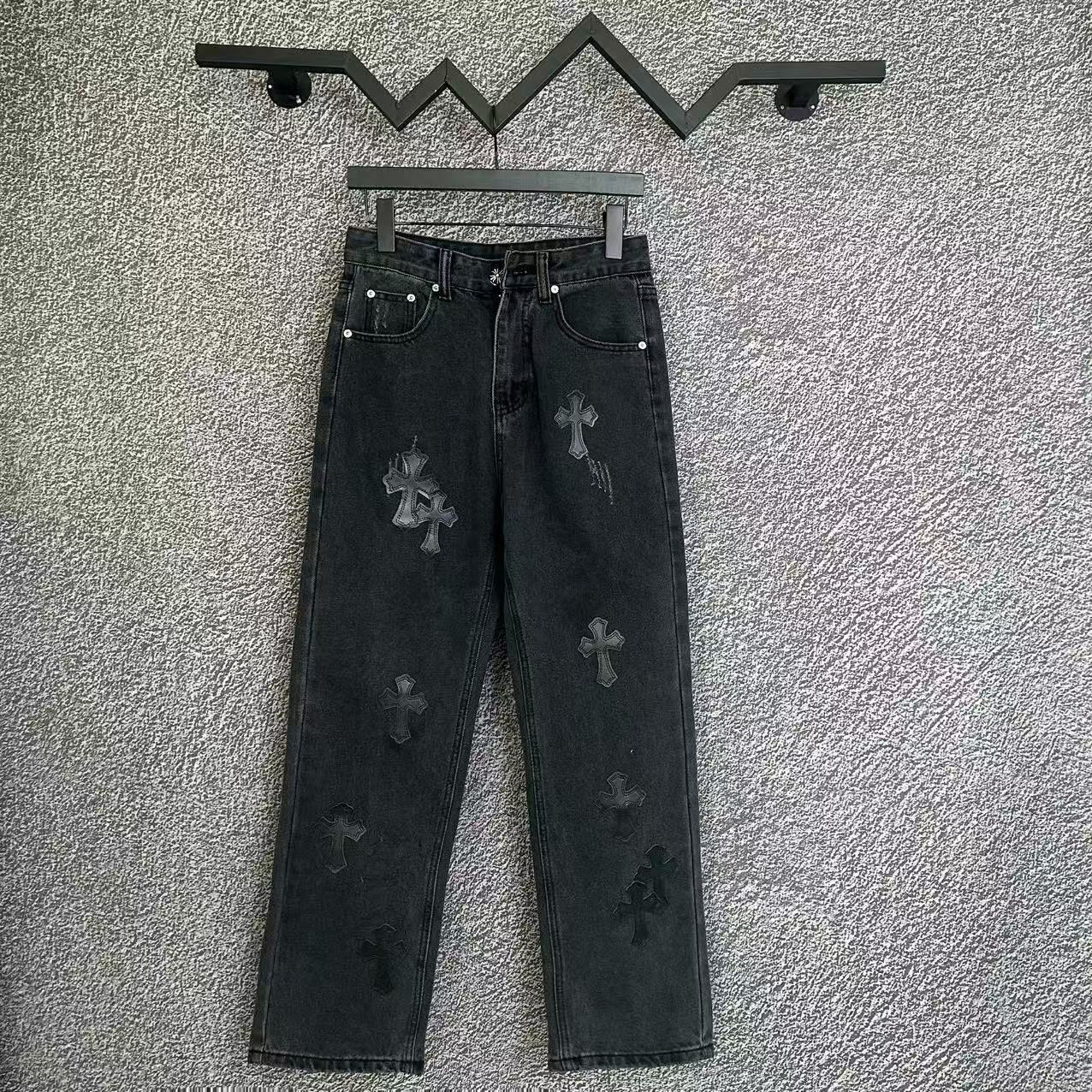 Chrome Hearts Cross Distressed Denim Jeans Couples Streetwear Loose Fit Trousers