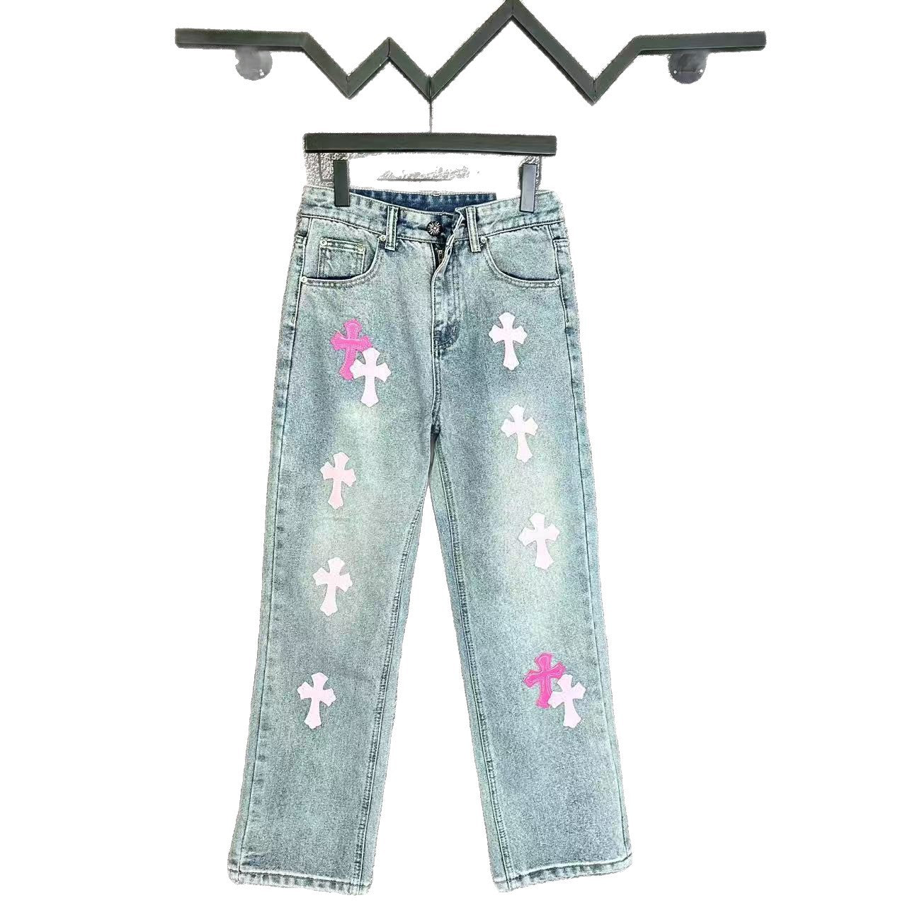 Chrome Hearts Cross Leather Patch Washed Denim Jeans Streetwear Loose Fit Couple Pants