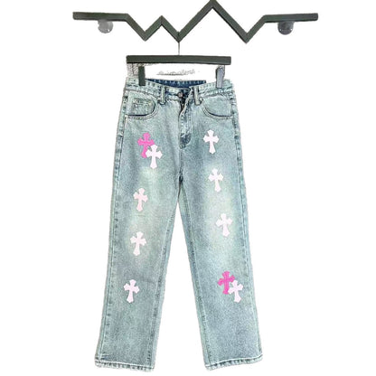Chrome Hearts Cross Leather Patch Washed Denim Jeans Streetwear Loose Fit Couple Pants