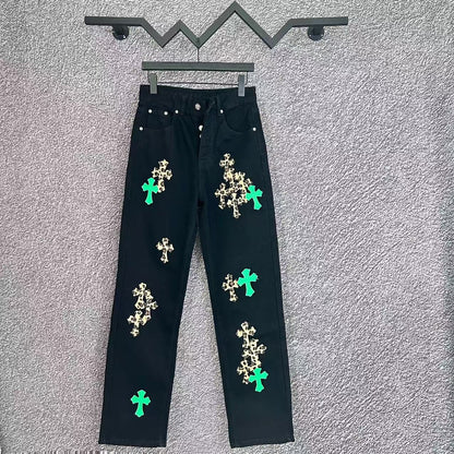 Cross Embroidered Distressed Denim Jeans Men Women Streetwear Loose Fit Vintage Washed Jeans Wholesale