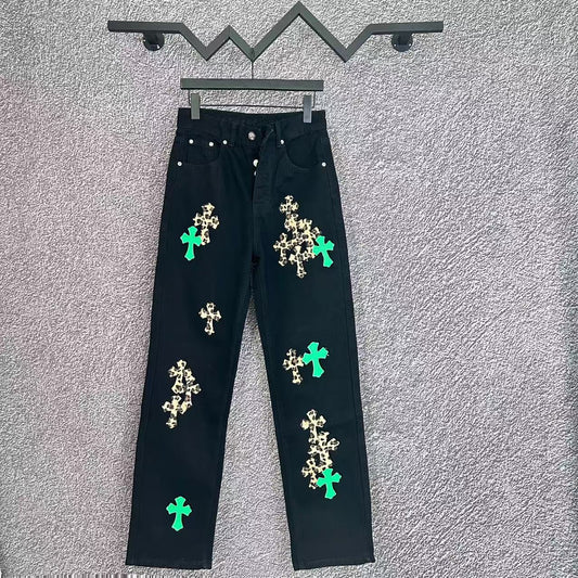 Cross Embroidered Distressed Denim Jeans Men Women Streetwear Loose Fit Vintage Washed Jeans Wholesale
