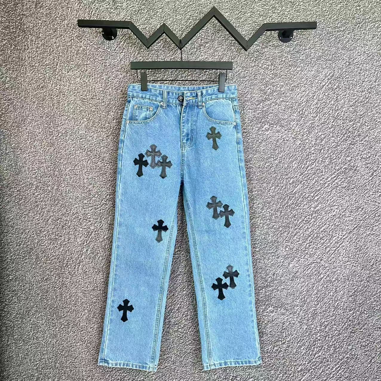 Chrome Hearts Cross Distressed Denim Jeans Couples Streetwear Loose Fit Trousers